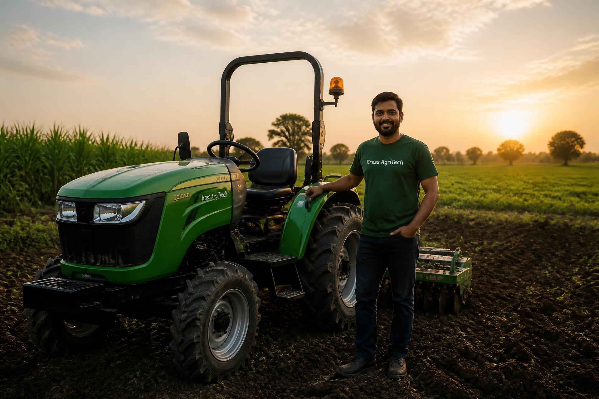 Ouvrier Brass AgriTech en t-shirt de la marque devant son tracteur dans un champ labouré